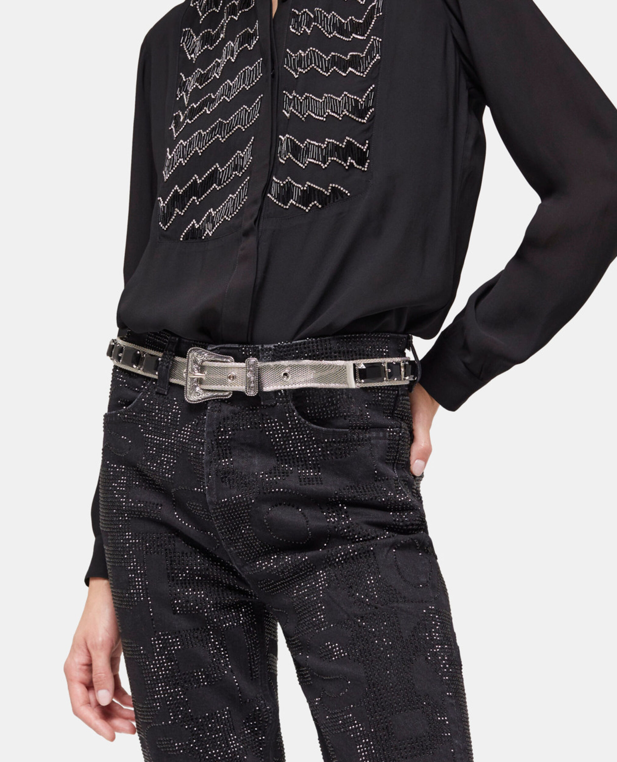 Jean slim logo et strass noir, BLACK WASHED, hi-res image number null