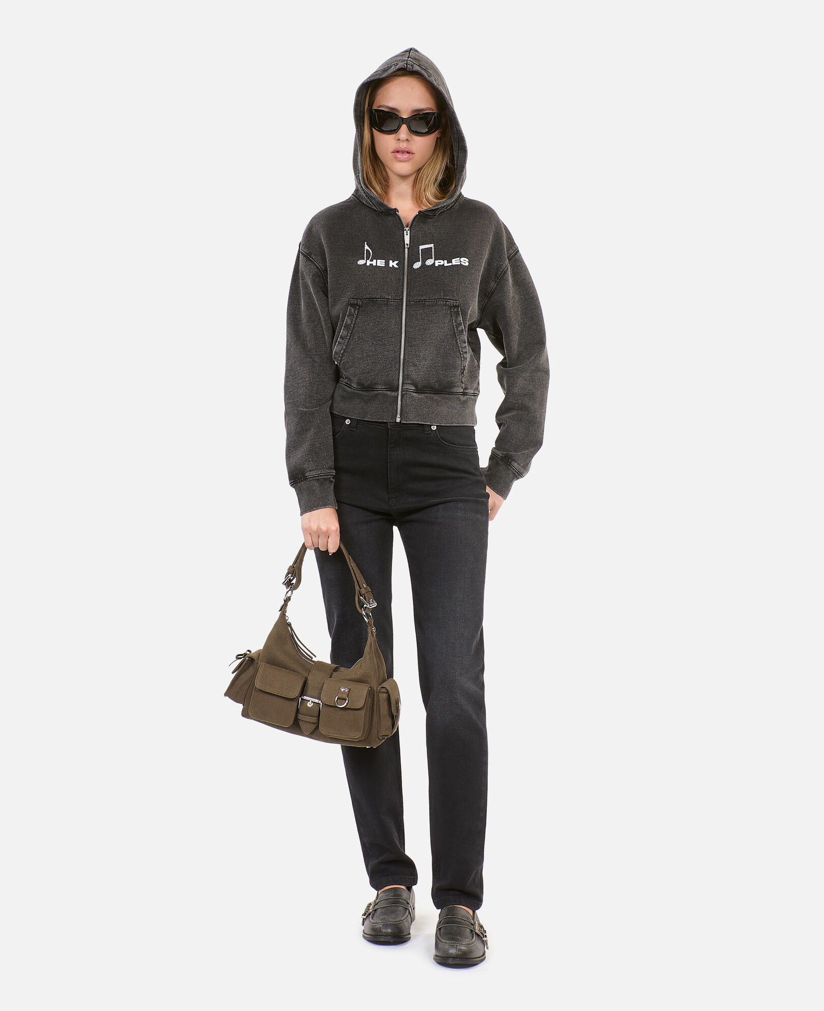 The Kooples WOMEN BLACK WASHED black hoodie with serigraphy