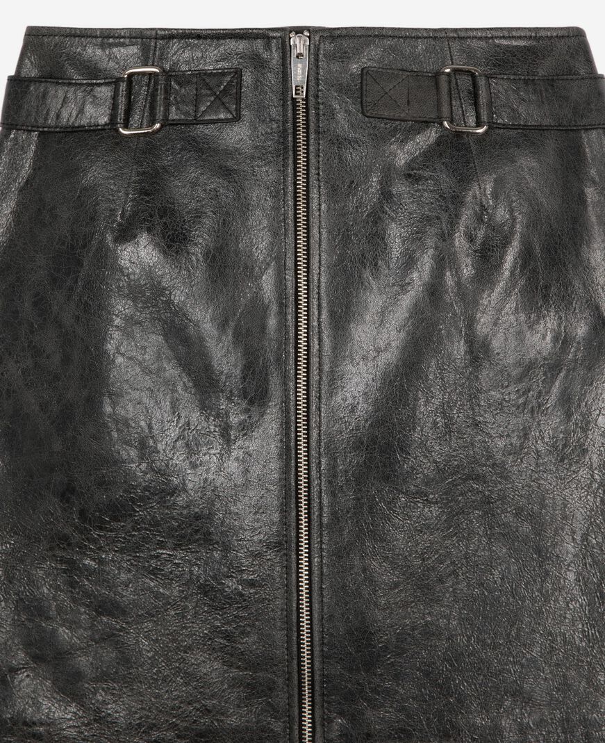 The Kooples WOMEN BLACK STONE black leather zipped short skirt