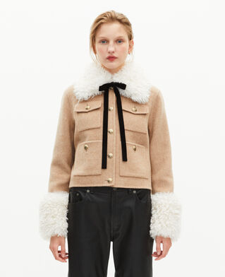 The Kooples WOMEN BEIGE LINEN short wool jacket with beige sherpa collar