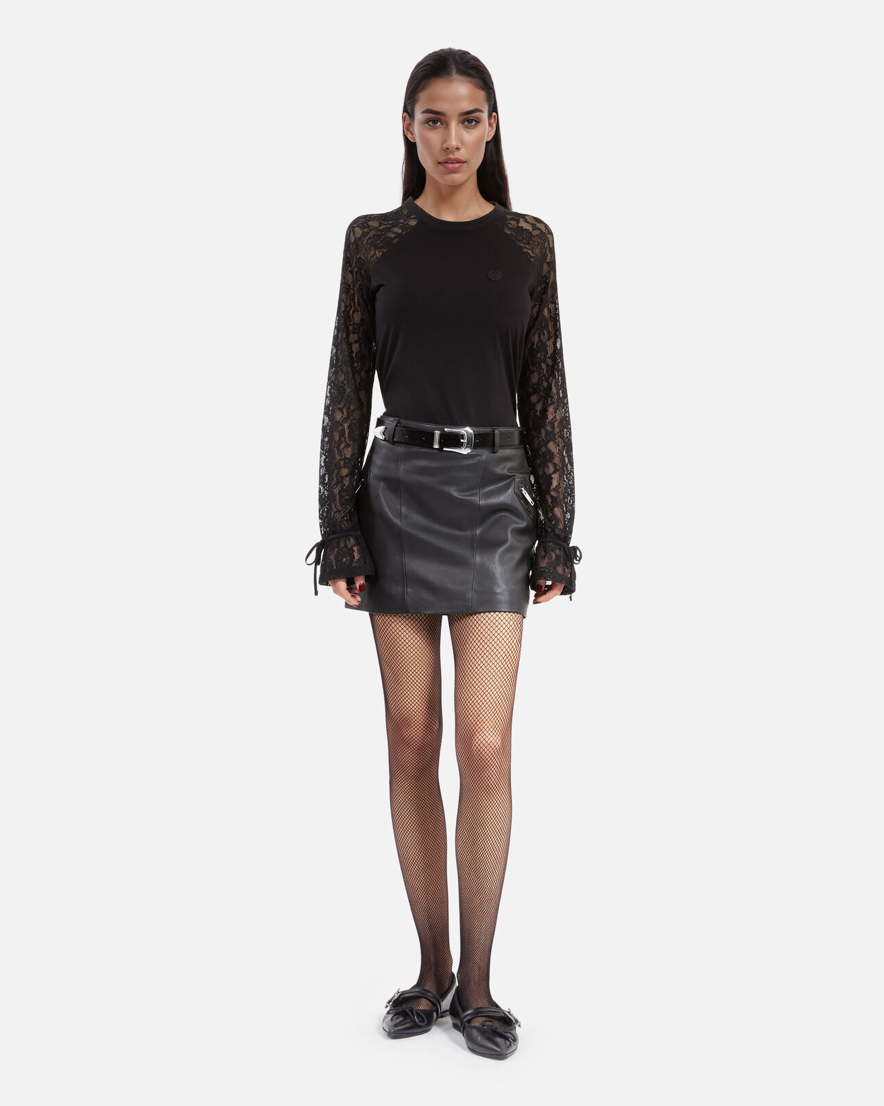 The Kooples FEMME BLACK WASHED t-shirt manches longues en dentelle noir