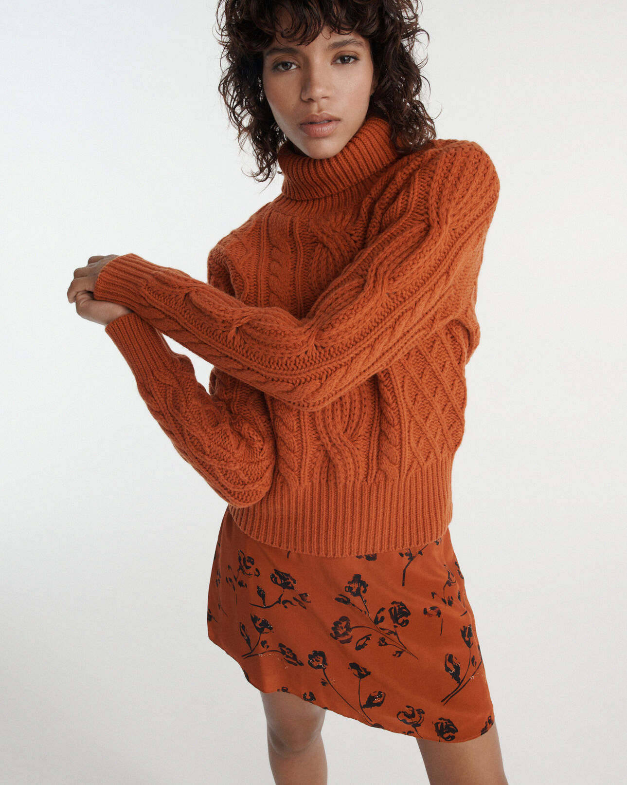 The Kooples WOMEN ROUILLE rust turtleneck wool sweater with cable knit