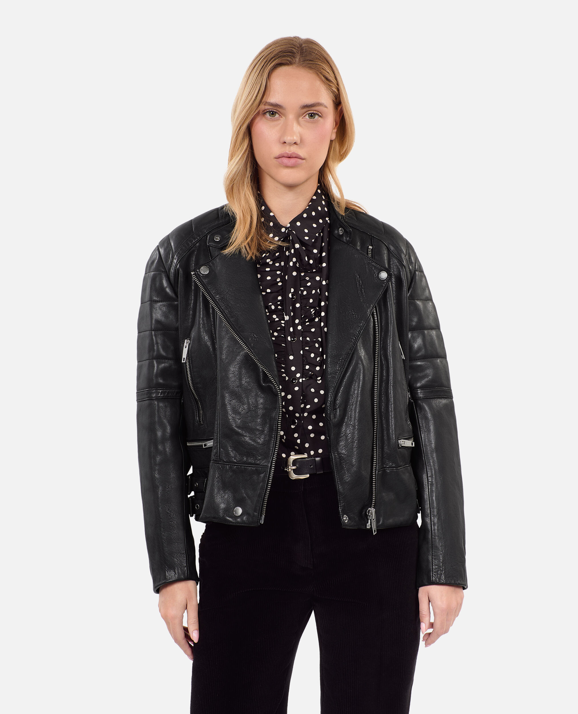 Black leather biker jacket