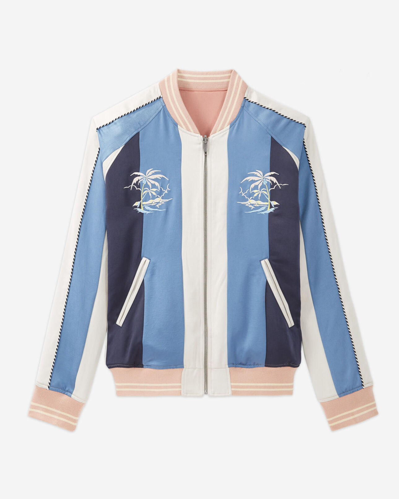The Kooples HOMME MULTICO blouson réversible brodé bleu et rose tissu japonais