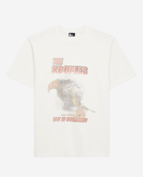 ecrufarbenes t-shirt mit „eagle“-siebdruck