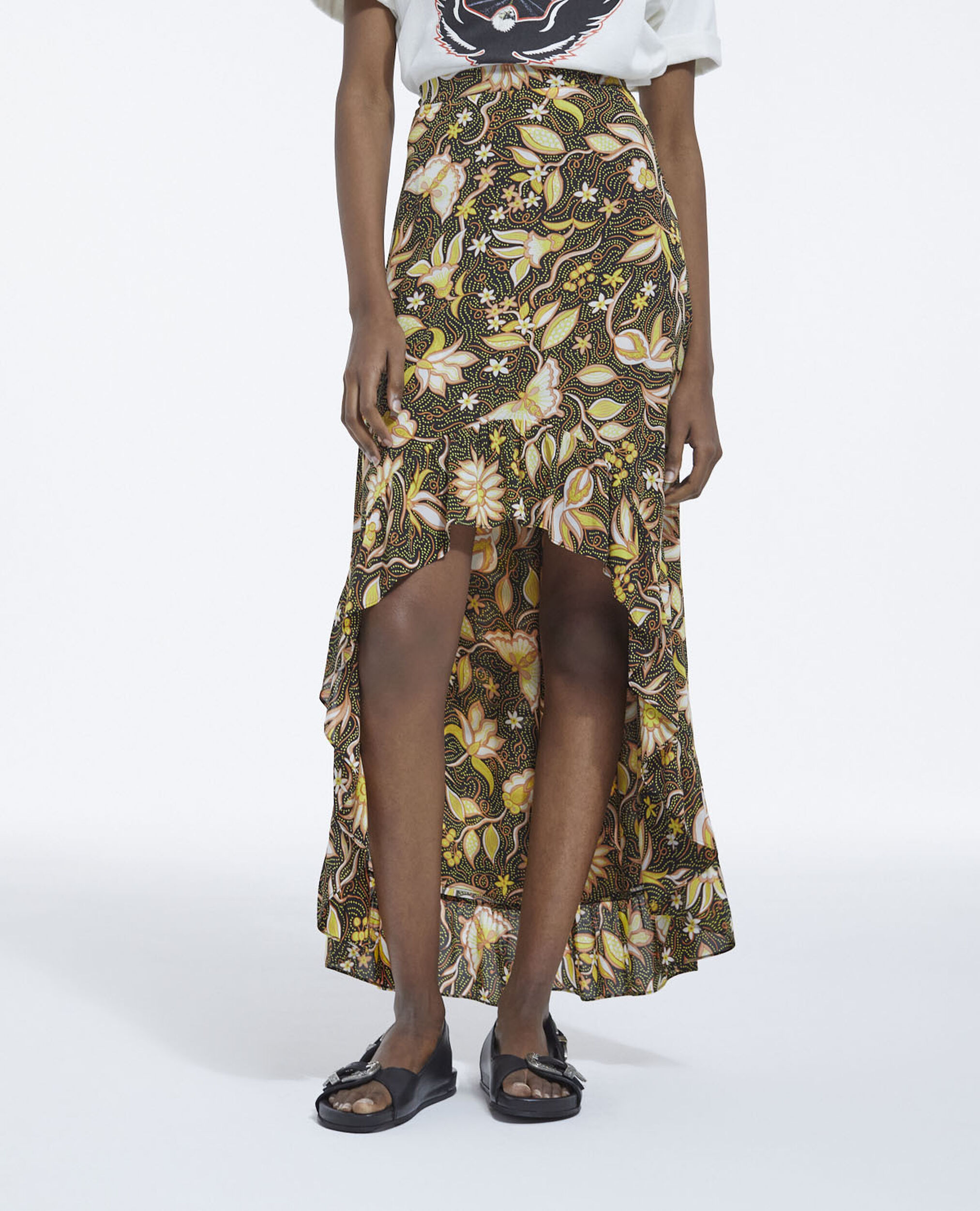 Asymmetric floral frilly skirt, BLACK, hi-res image number null