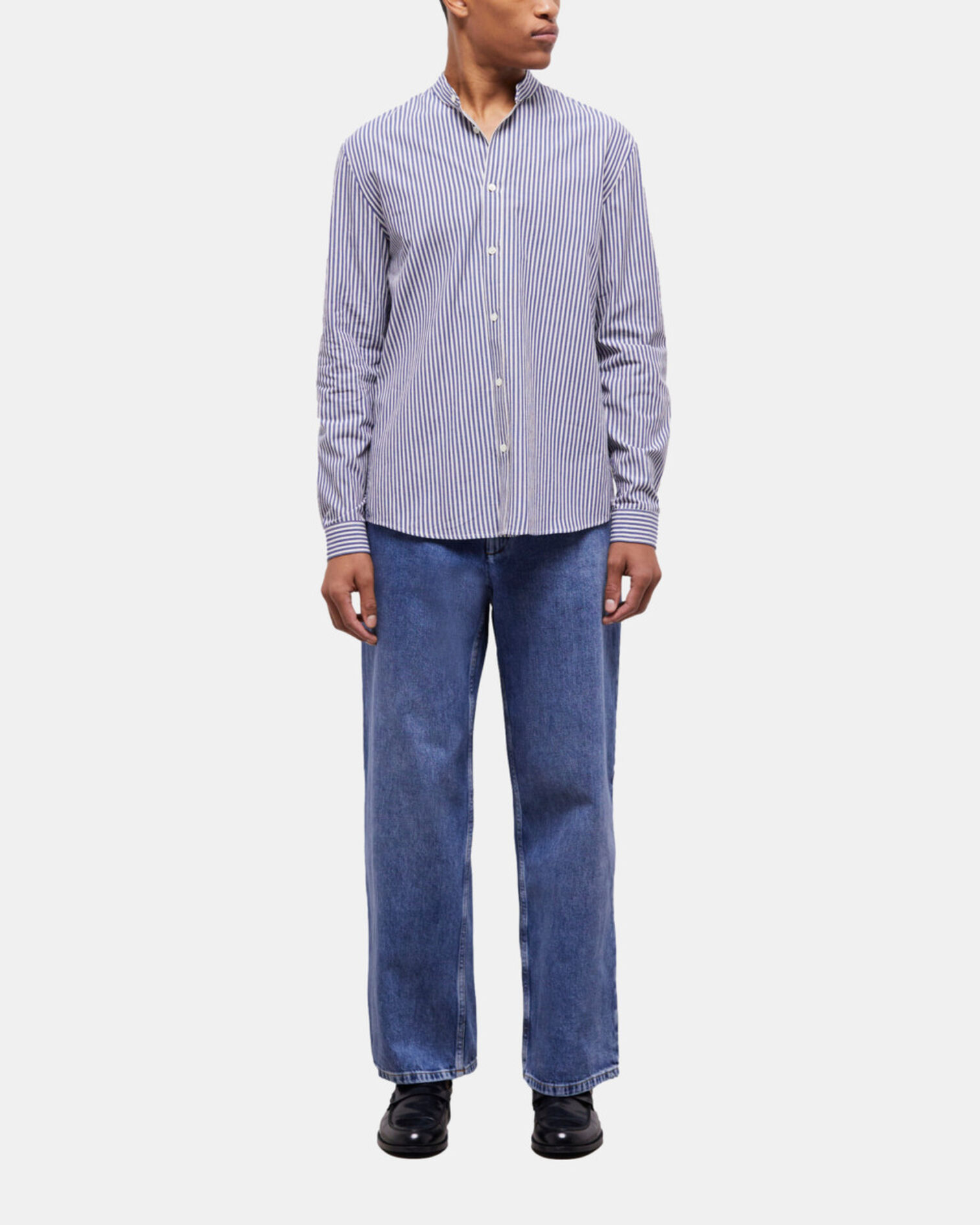 Blue-striped shirt with officer collar, BLUE WHITE, hi-res image number null