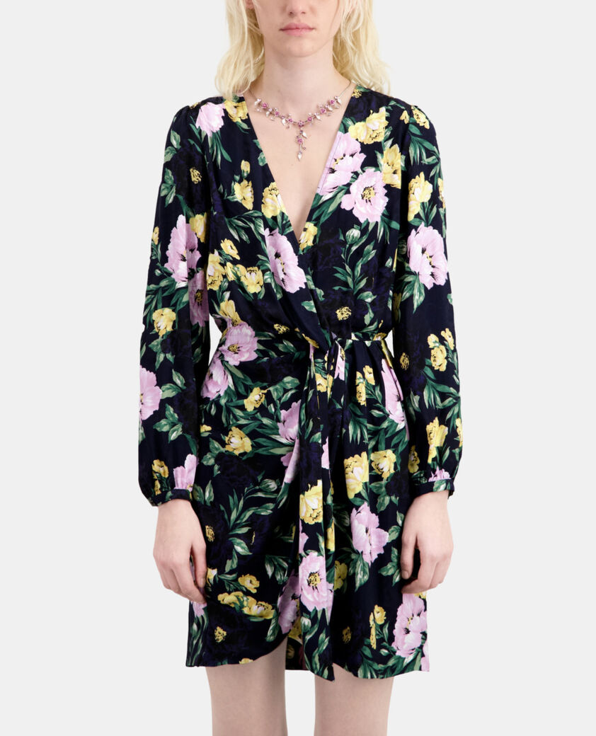 The Kooples FEMME LIGHT PINK / DARK NAVY robe courte fleurie avec drapé