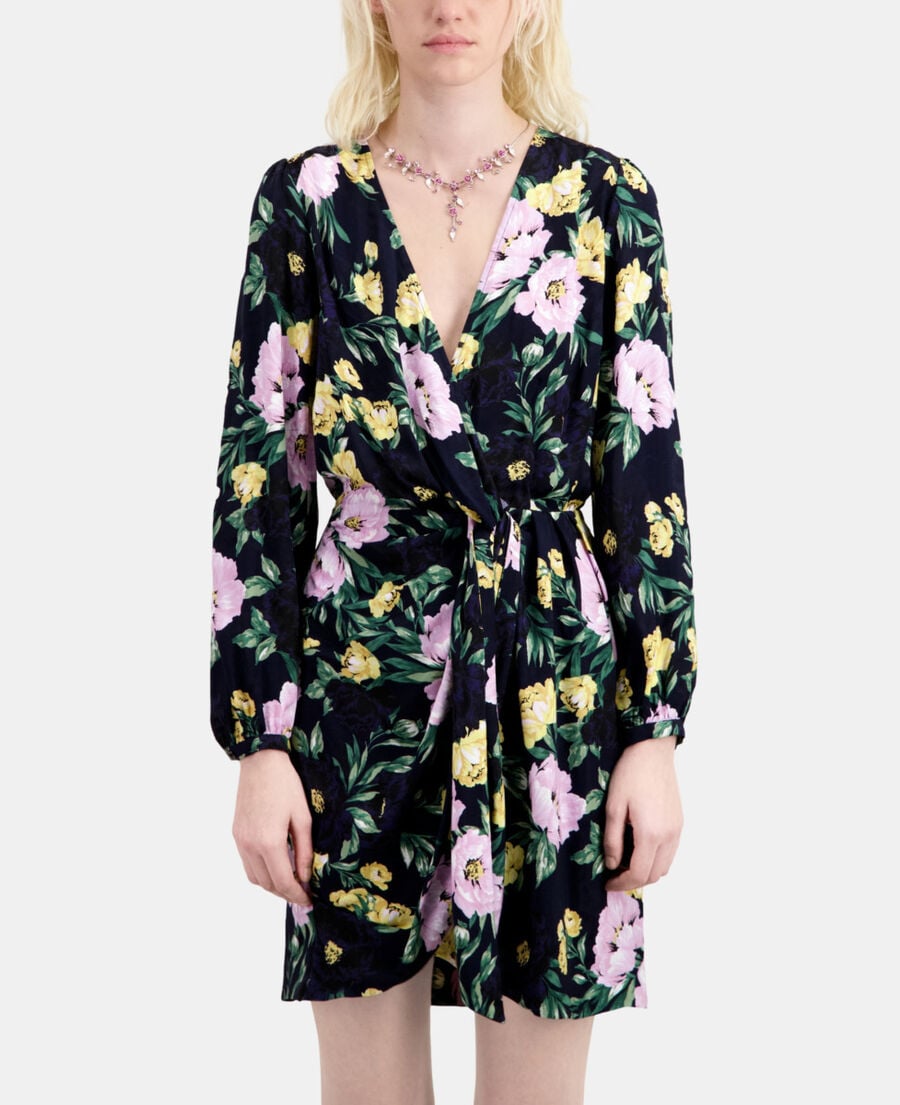 The Kooples FEMME LIGHT PINK / DARK NAVY robe courte fleurie avec drapé