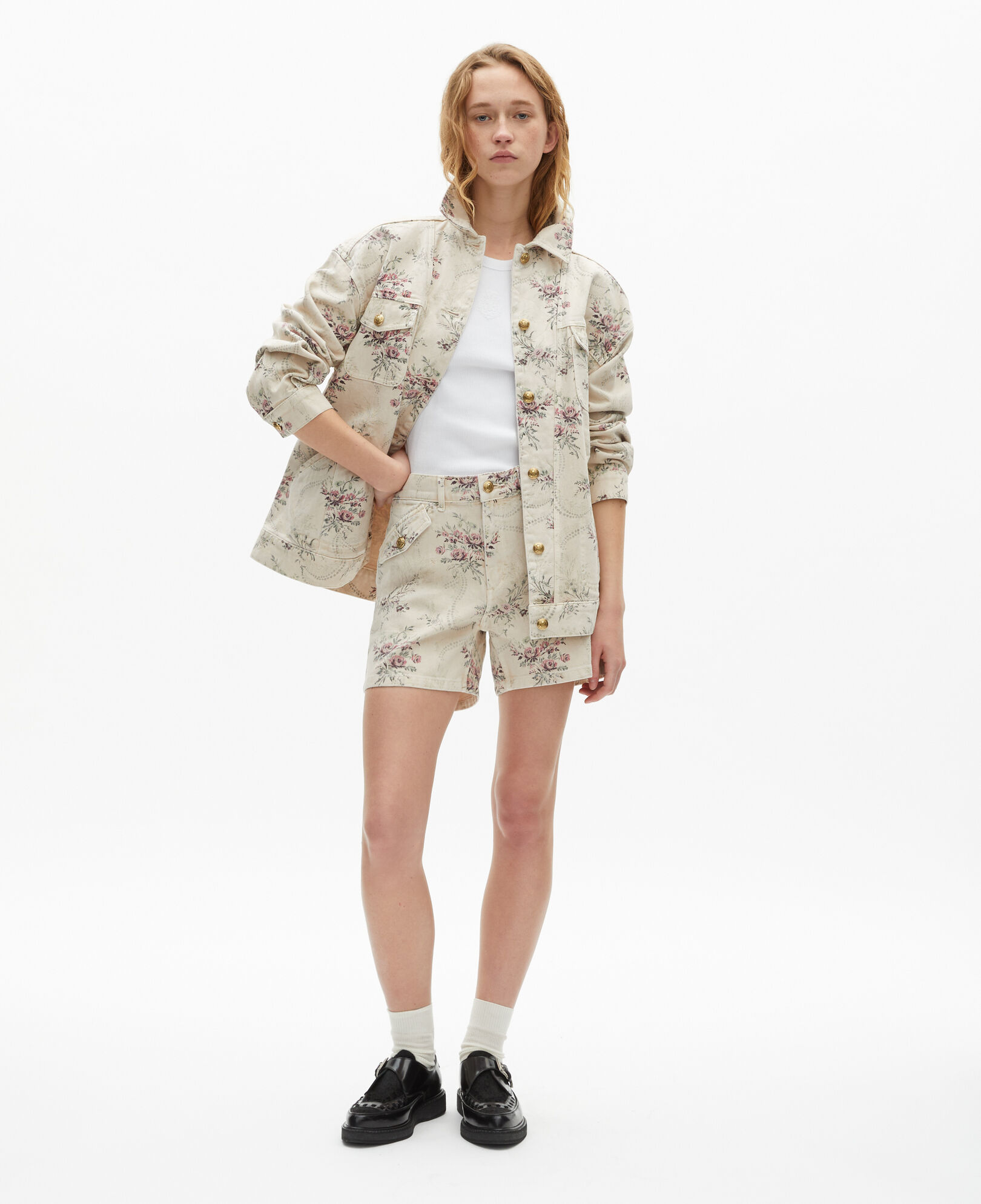 The Kooples FEMME BEIGE TAUPE veste imprimé 'antik flowers' en denim beige