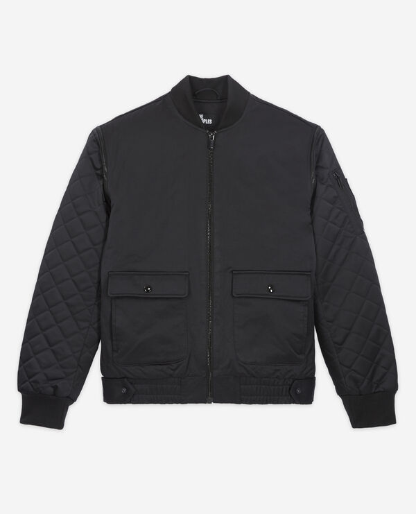 black satin bomber jacket with detachable sleeves