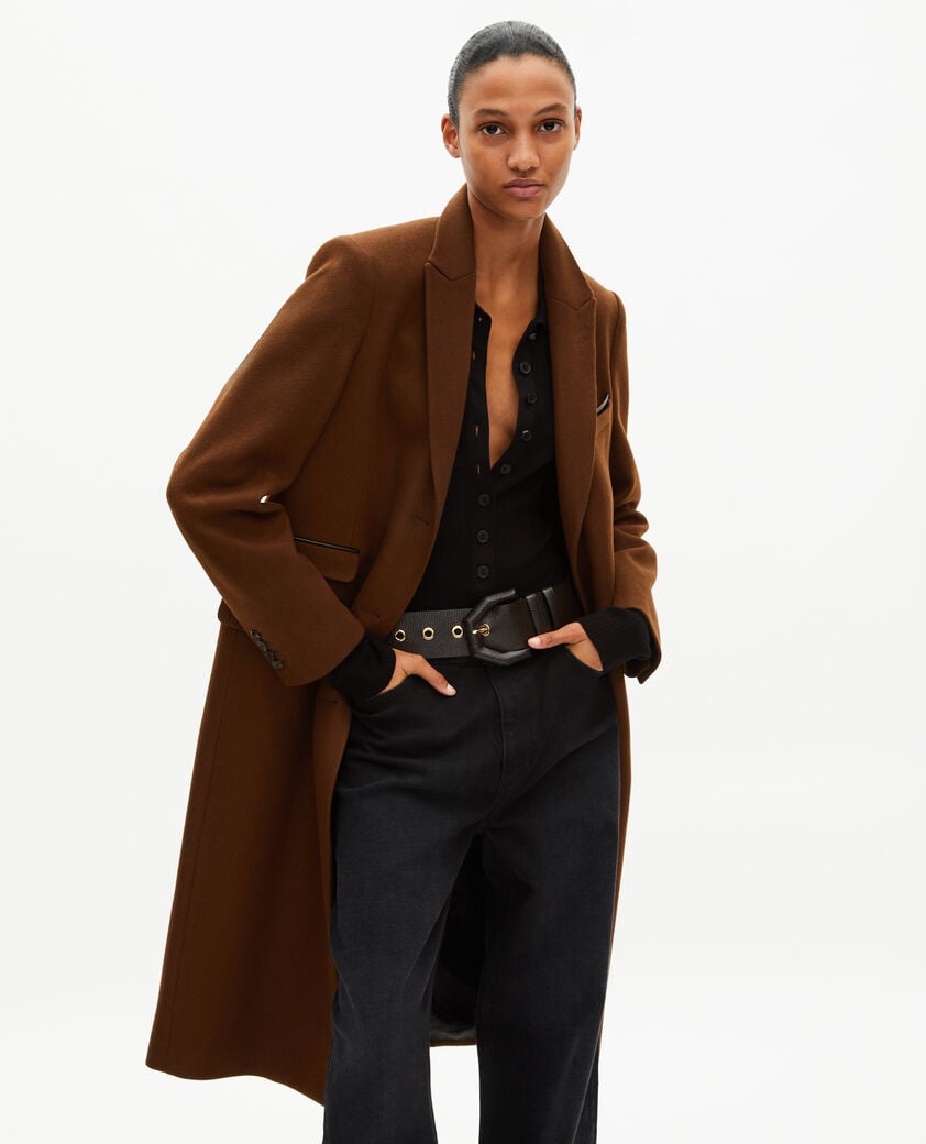 The Kooples WOMEN CHOCOLATE long wool coat with brown leather details