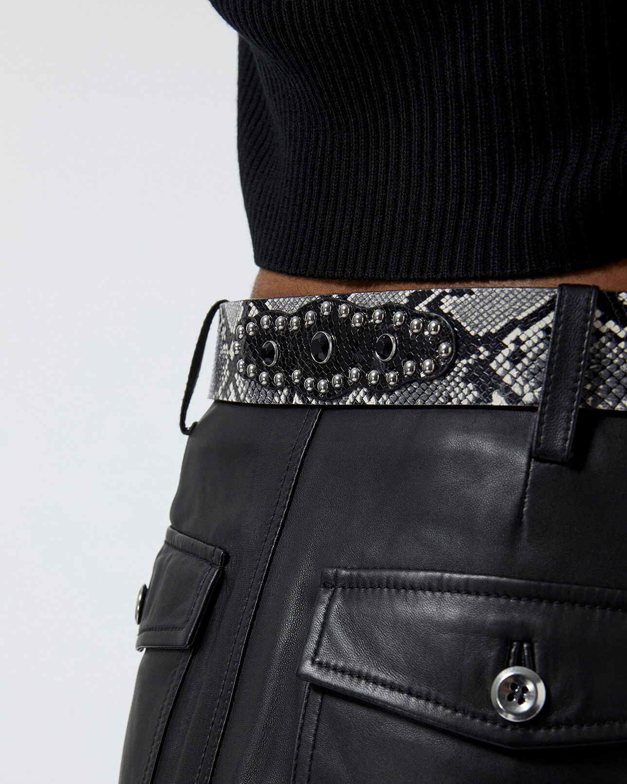 The Kooples WOMEN WHITE / BLACK snake-effect leather belt w/rhinestone buckle