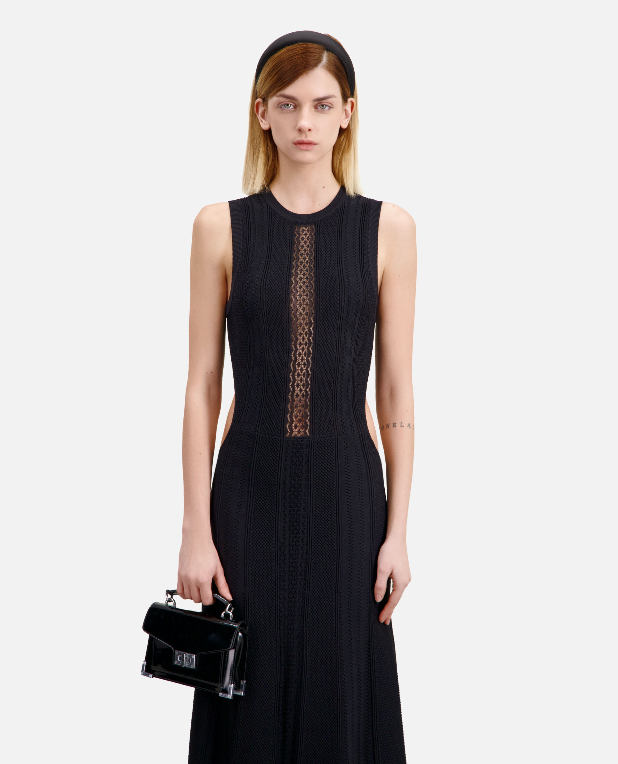 Long black openwork knit dress with openings, BLACK, hi-res image number null