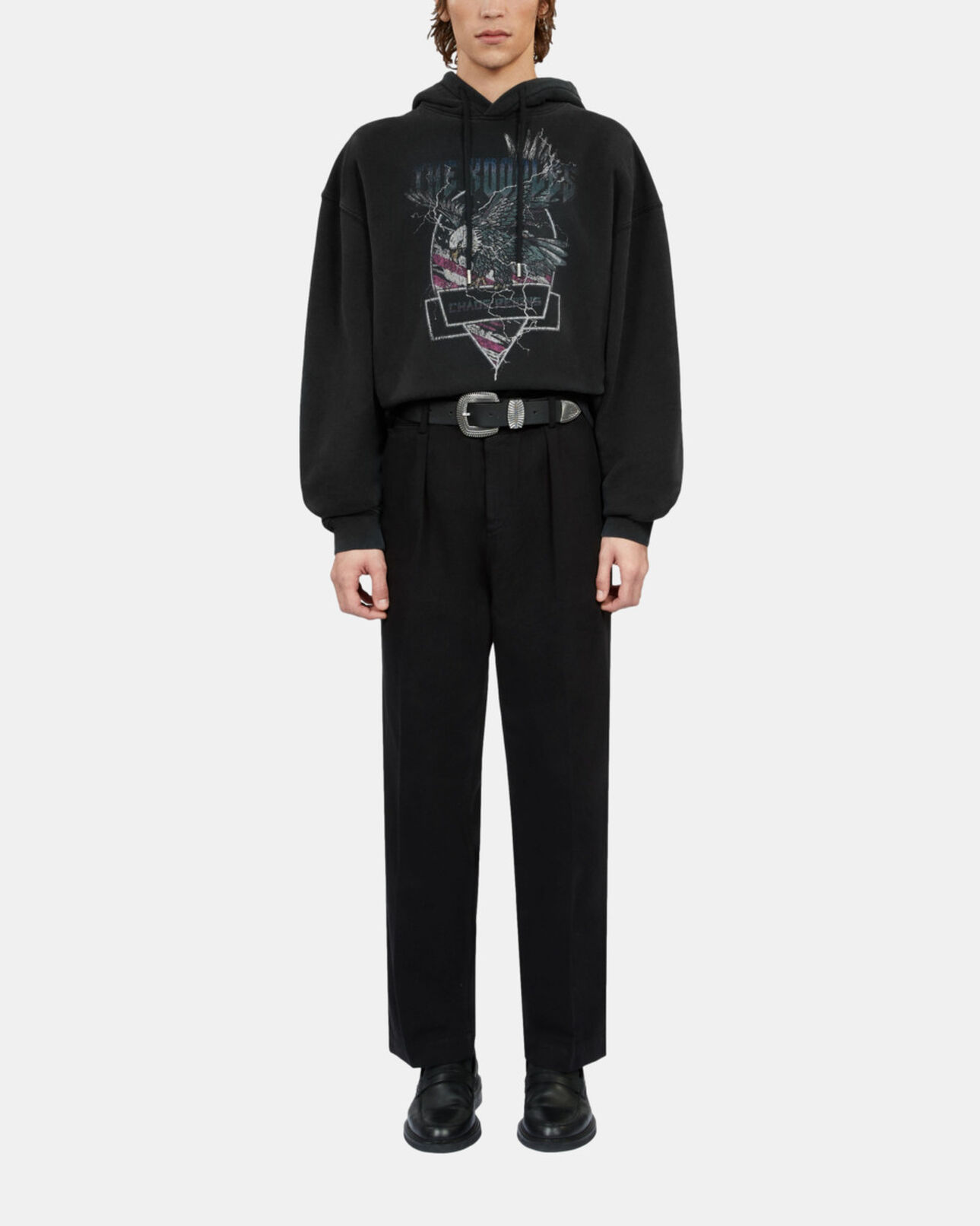 The Kooples MEN BLACK WASHED black hoodie with chaos eagle serigraphy