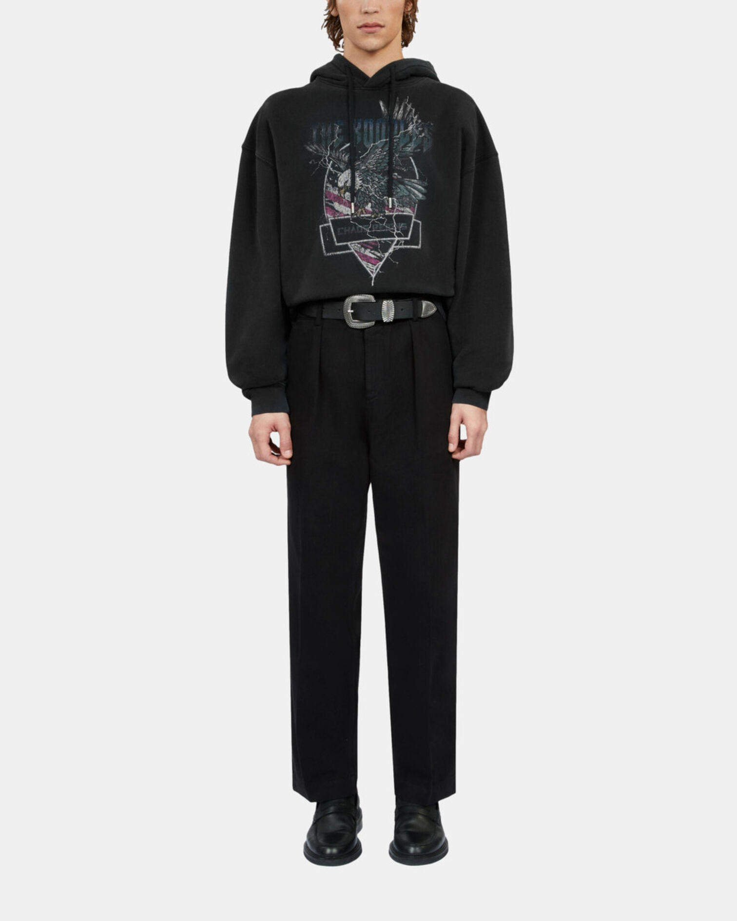 Black hoodie with Chaos eagle serigraphy, BLACK WASHED, hi-res image number null