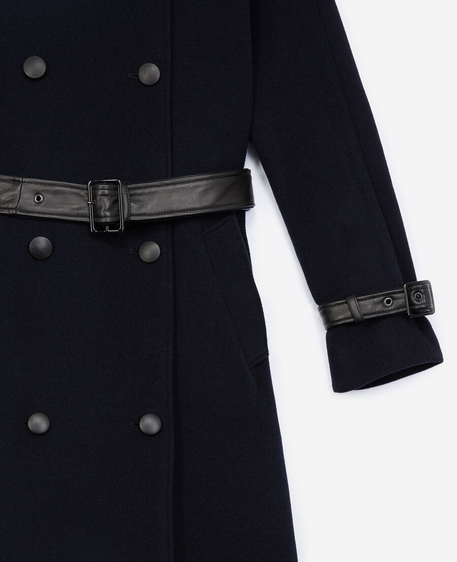 trench-style navy blue wool coat