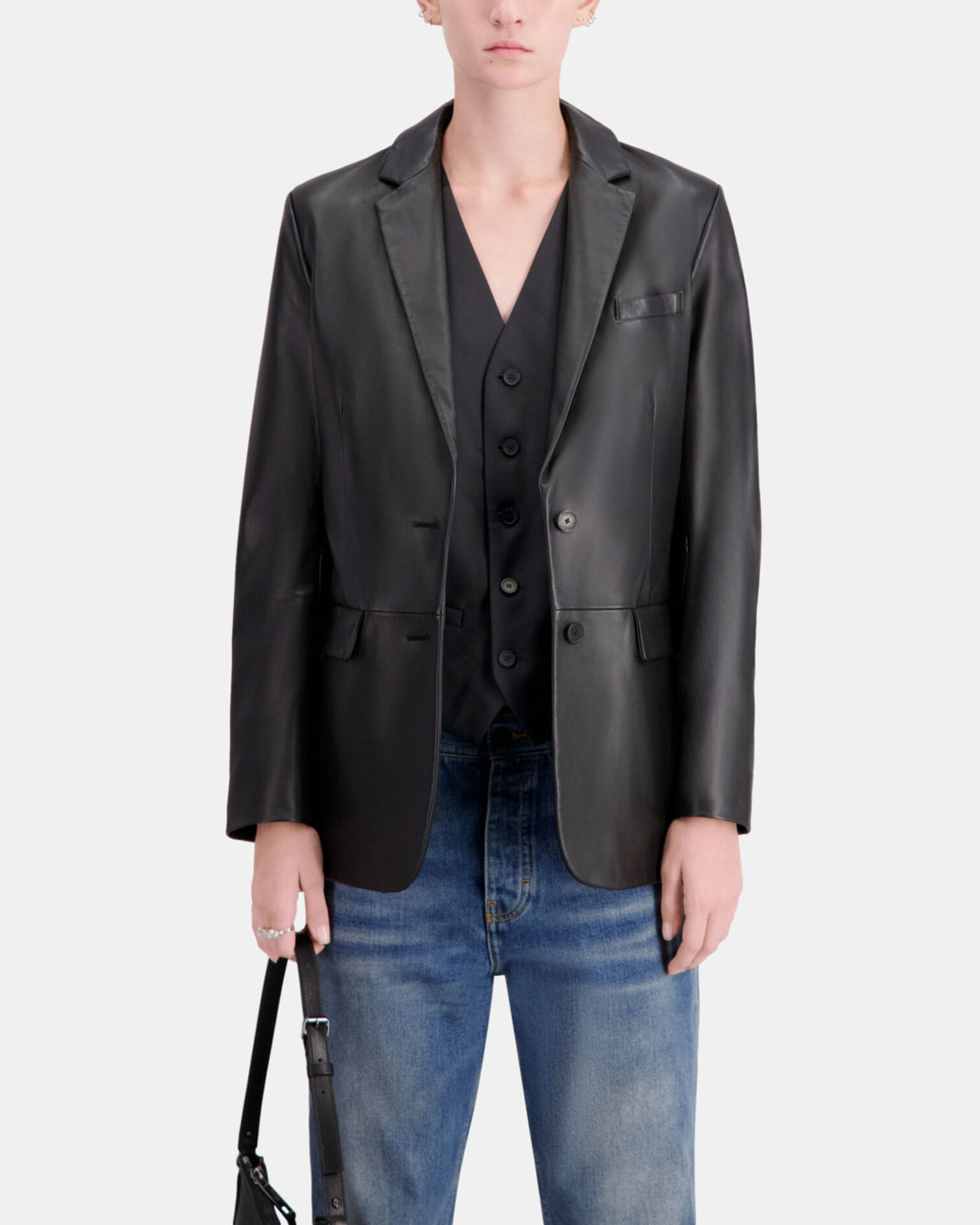 Black leather suit jacket, BLACK, hi-res image number null