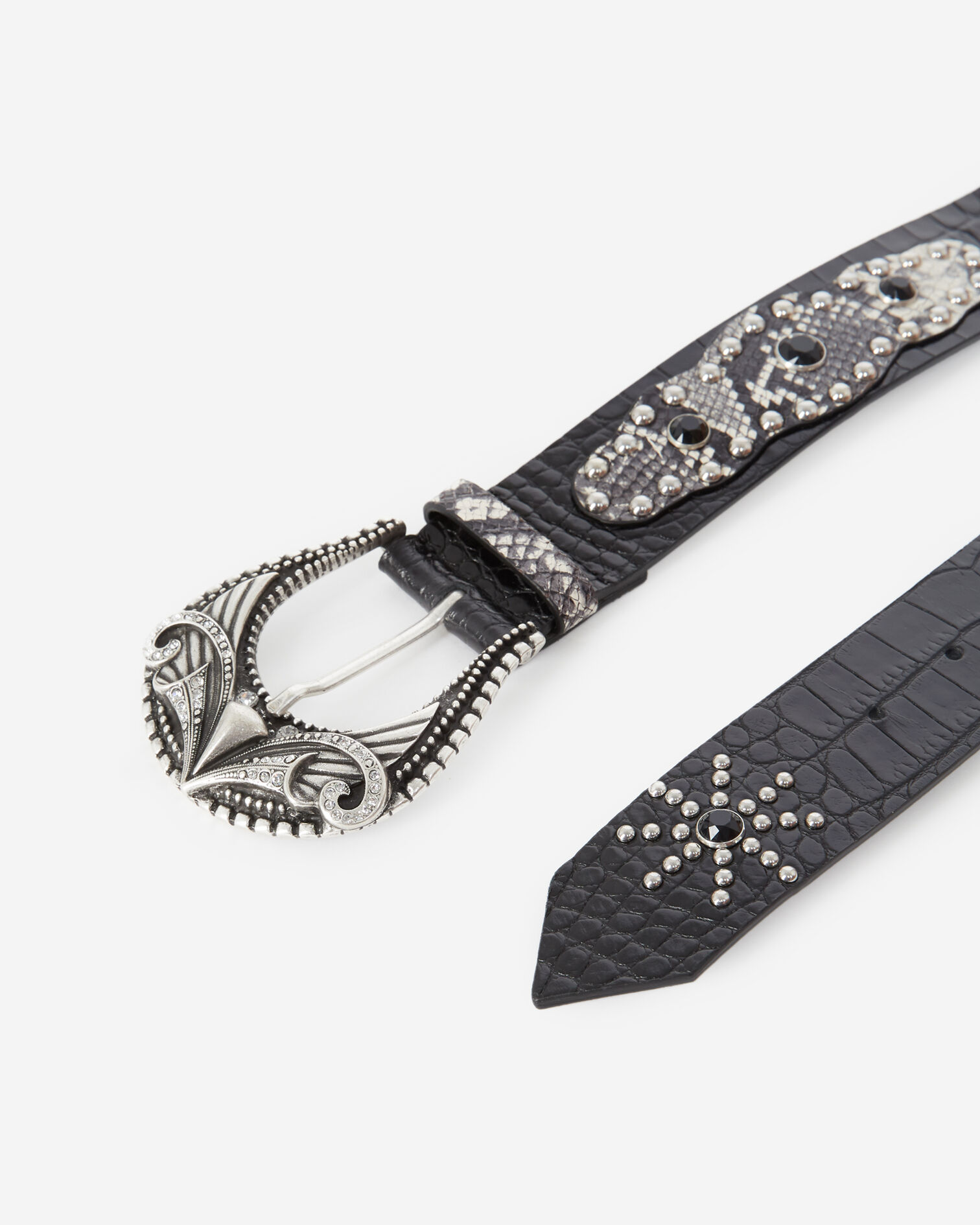 Snake-effect black leather belt w/rhinestones, BLACK WHITE, hi-res image number null