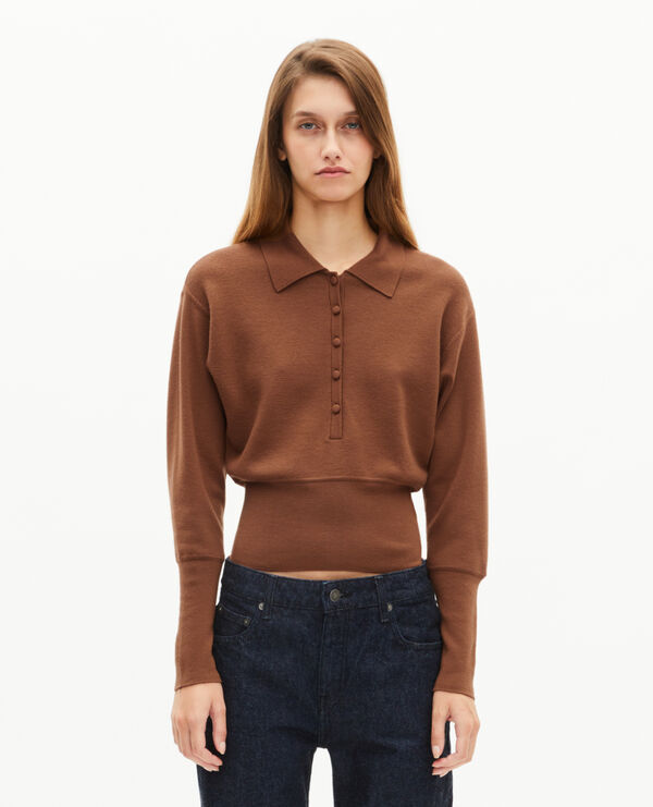 The Kooples FEMME CAMEL pull col polo en laine mérinos mélangée camel