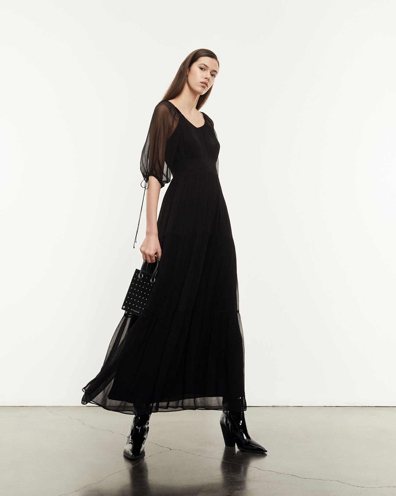 The Kooples DAMEN BLACK langes schwarzes kleid mit gesmokten details