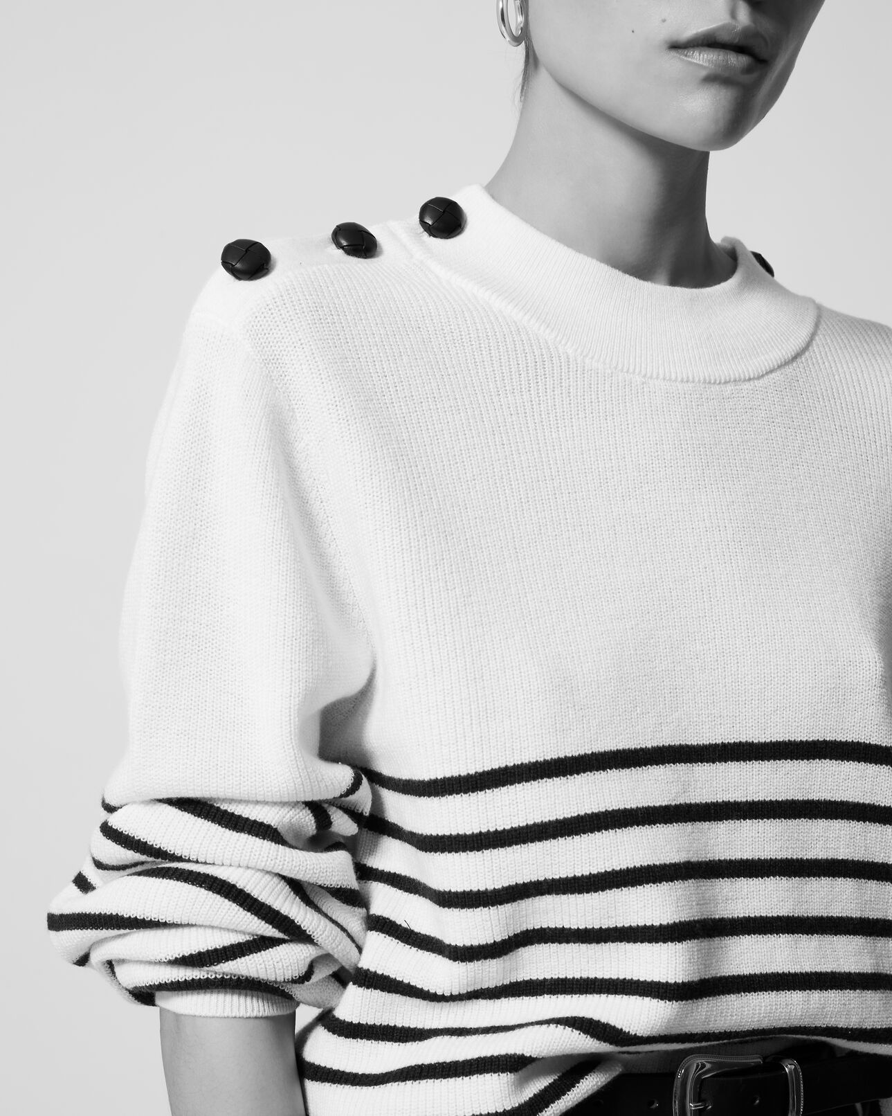 The Kooples FEMME ECRU pull marinière laine écrue boutons cuir