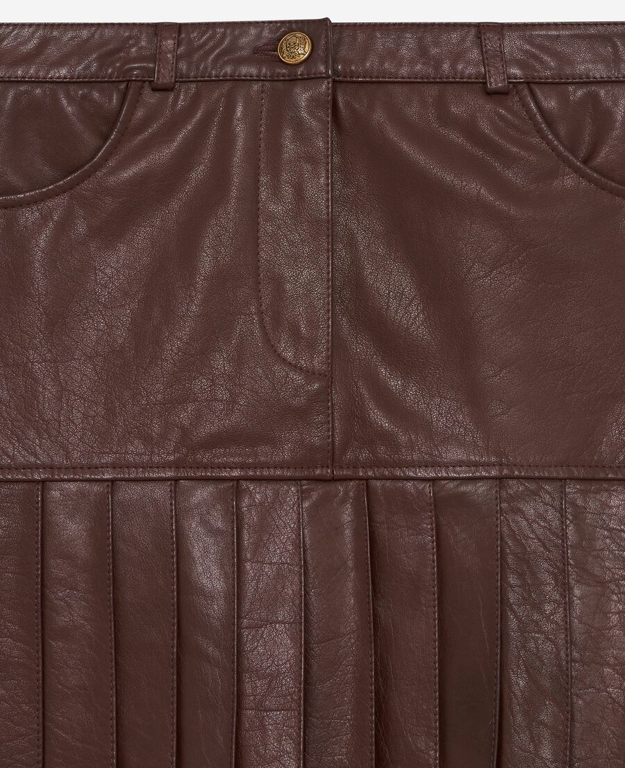 The Kooples WOMEN EBENE short pleated skirt in brown leather