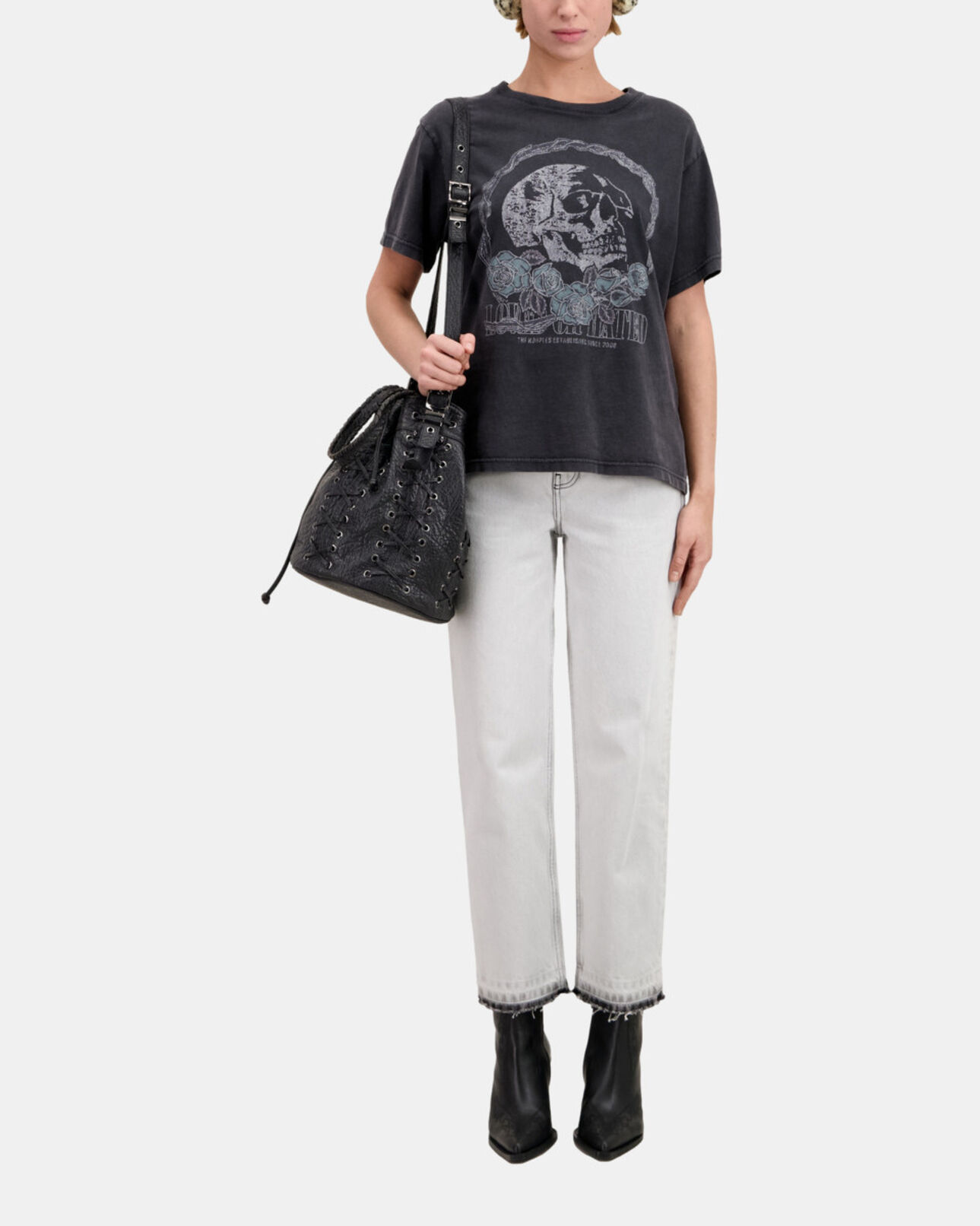 The Kooples FEMME BLACK WASHED t-shirt noir avec sérigraphie vintage skull
