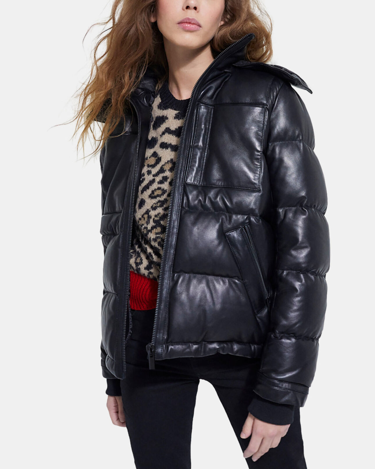 The Kooples WOMEN BLACK black leather down jacket with straps and logo