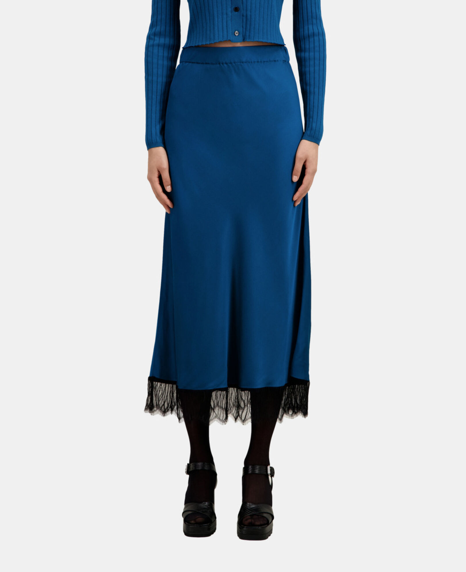The Kooples FEMME MEDIUM BLUE jupe bleue longue avec détails en dentelle
