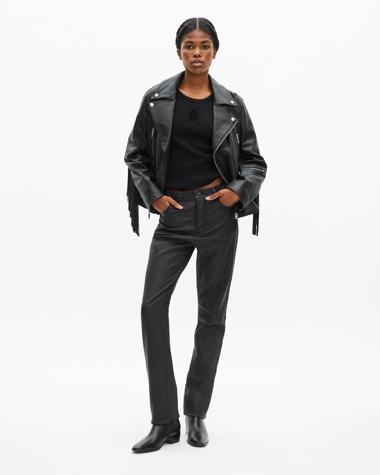The Kooples MUJER BLACK chaqueta de cuero negra con flecos