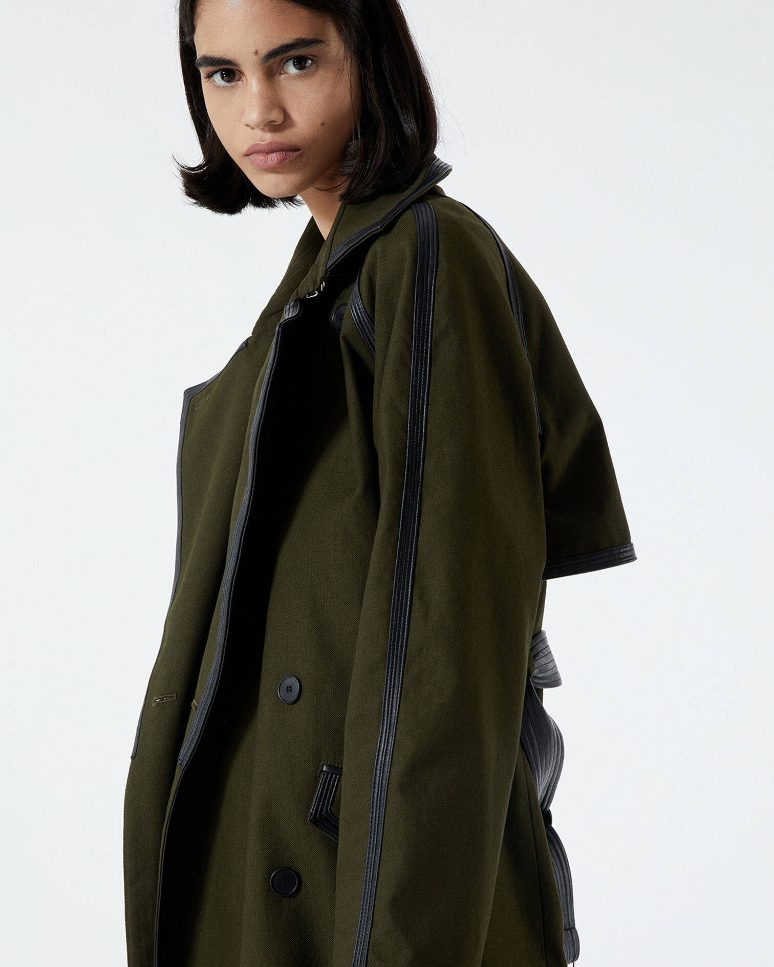 Cotton trench coat with leather belt in millitary green, KAKI, hi-res image number null
