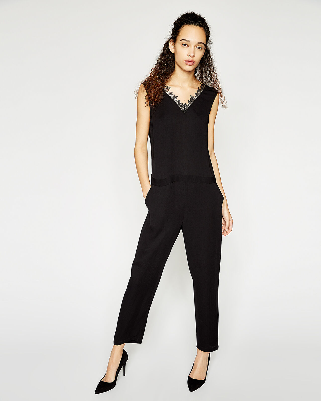 The Kooples FEMME BLACK combinaison crêpe noire dentelle