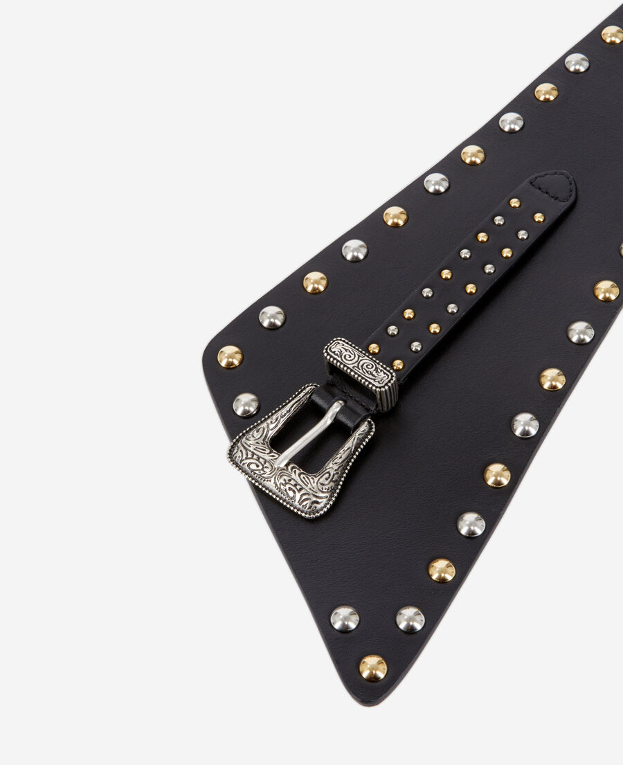 wide black leather belt with studs and western buckle