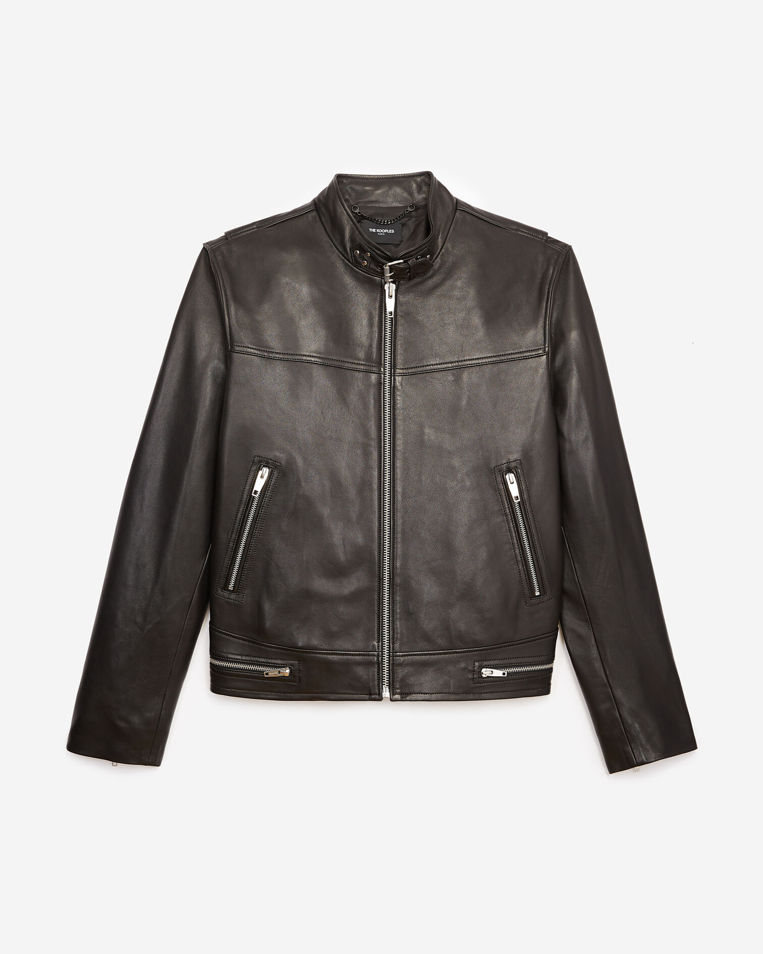 Black leather jacket with biker collar, BLACK, hi-res image number null