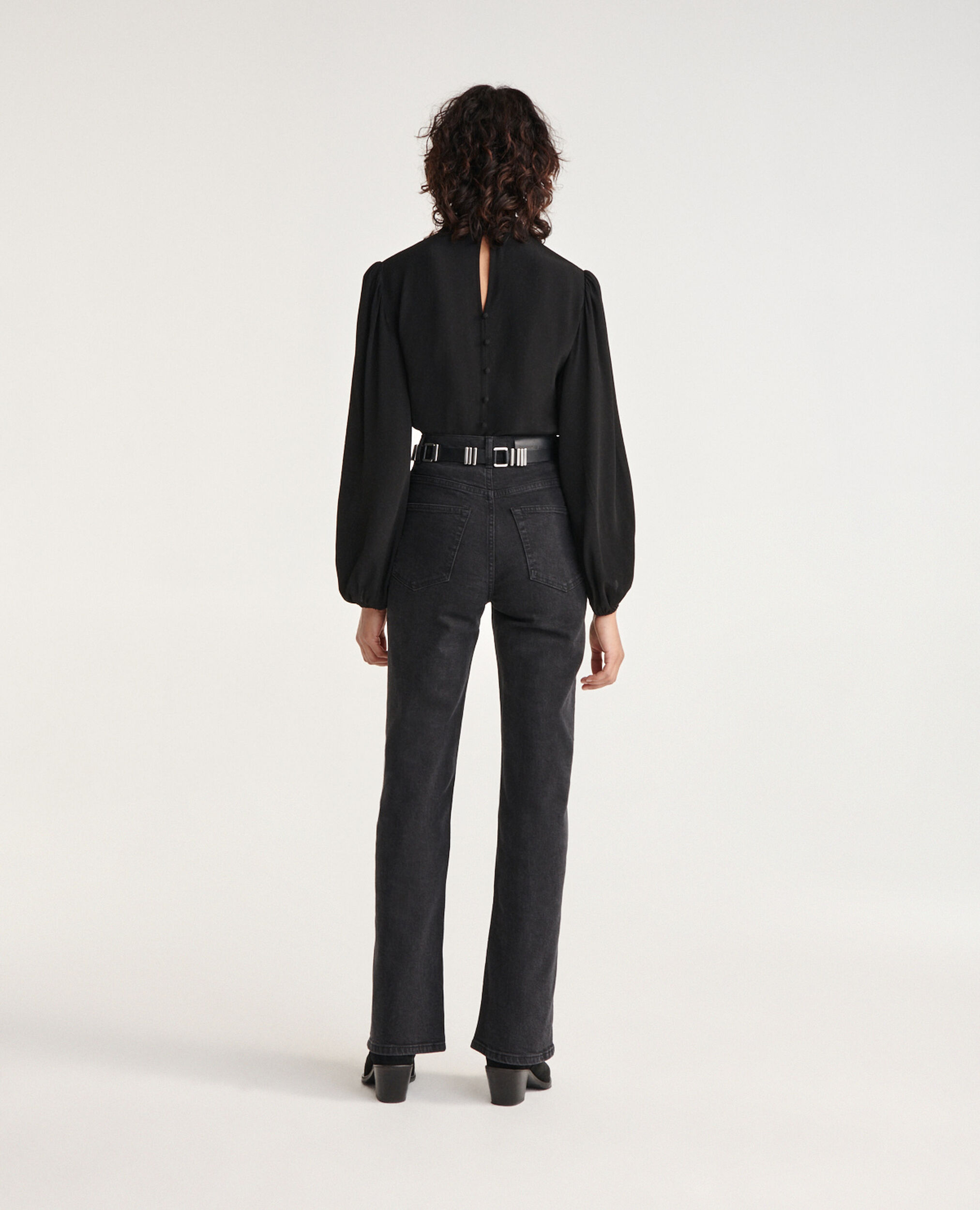 Flowing black top with high neck, BLACK, hi-res image number null