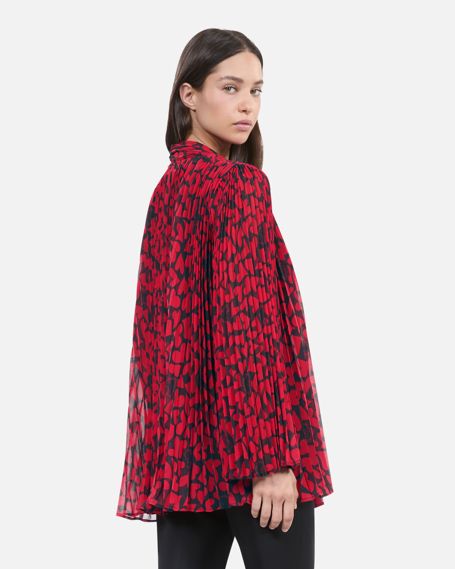 Heart print pleated top, BLACK - RED, hi-res image number null