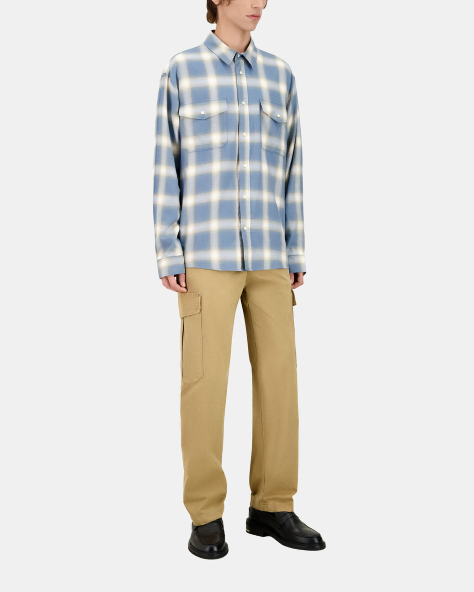 Light blue and gray checked long sleeve shirt, BLUE GREY, hi-res image number null