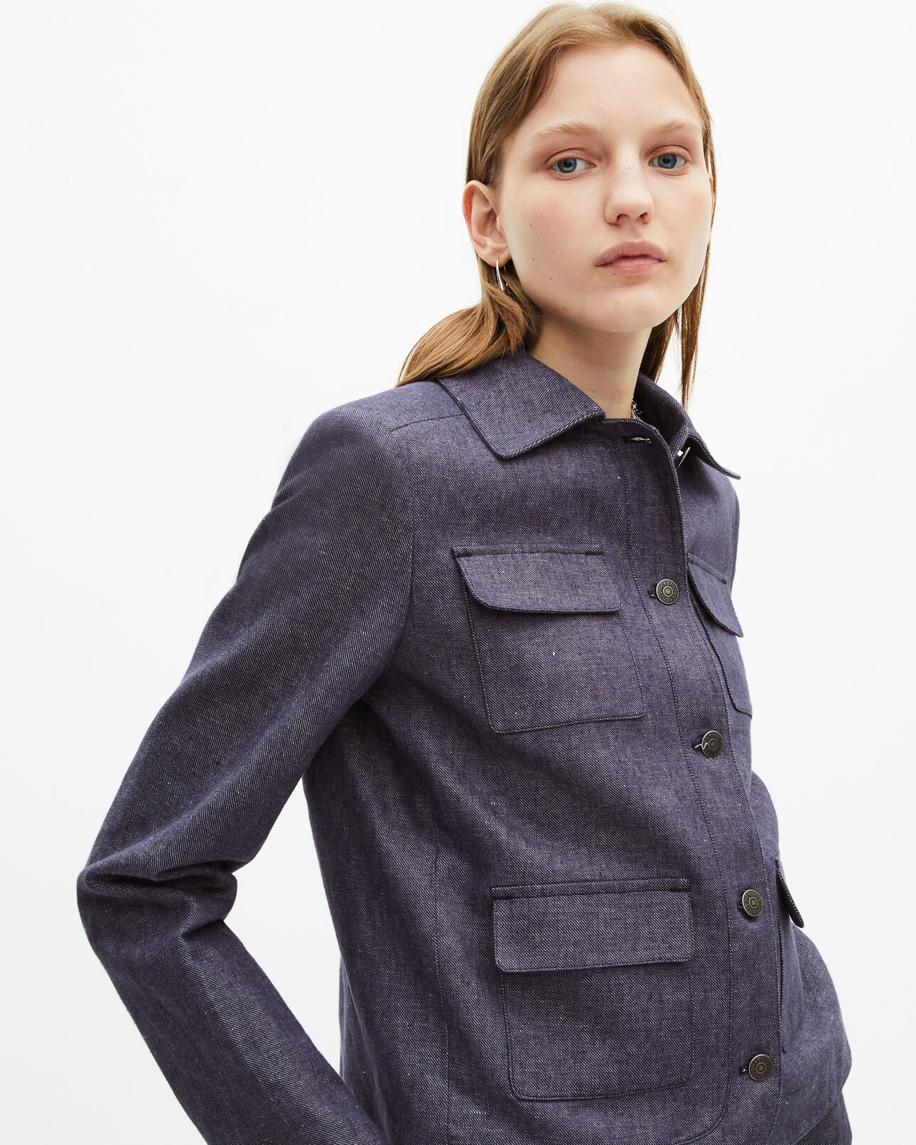 The Kooples WOMEN BLUE short jacket in blue cotton and linen