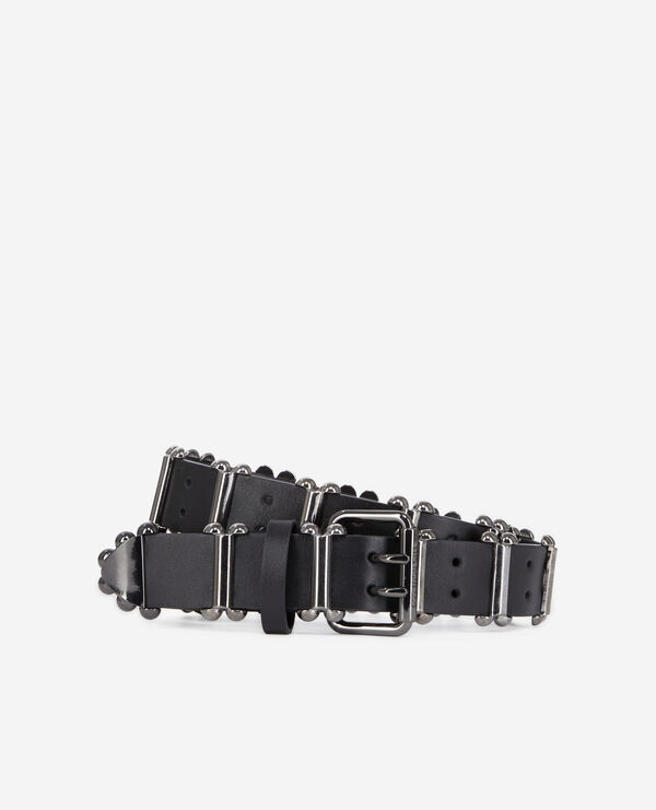 ceinture en cuir noir avec empiècements métalliques