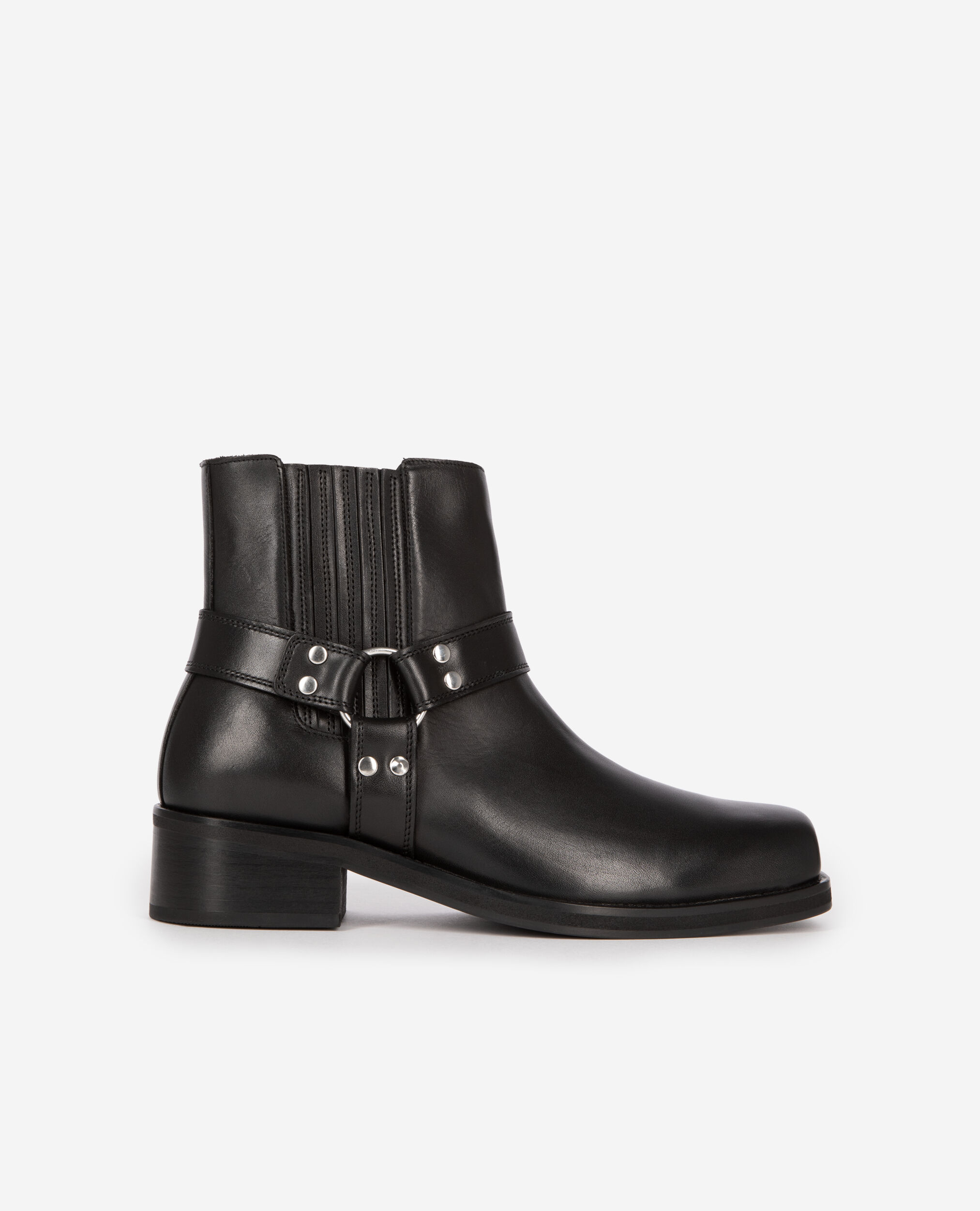 Schwarze Lederstiefel mit Riemen, BLACK, hi-res image number null