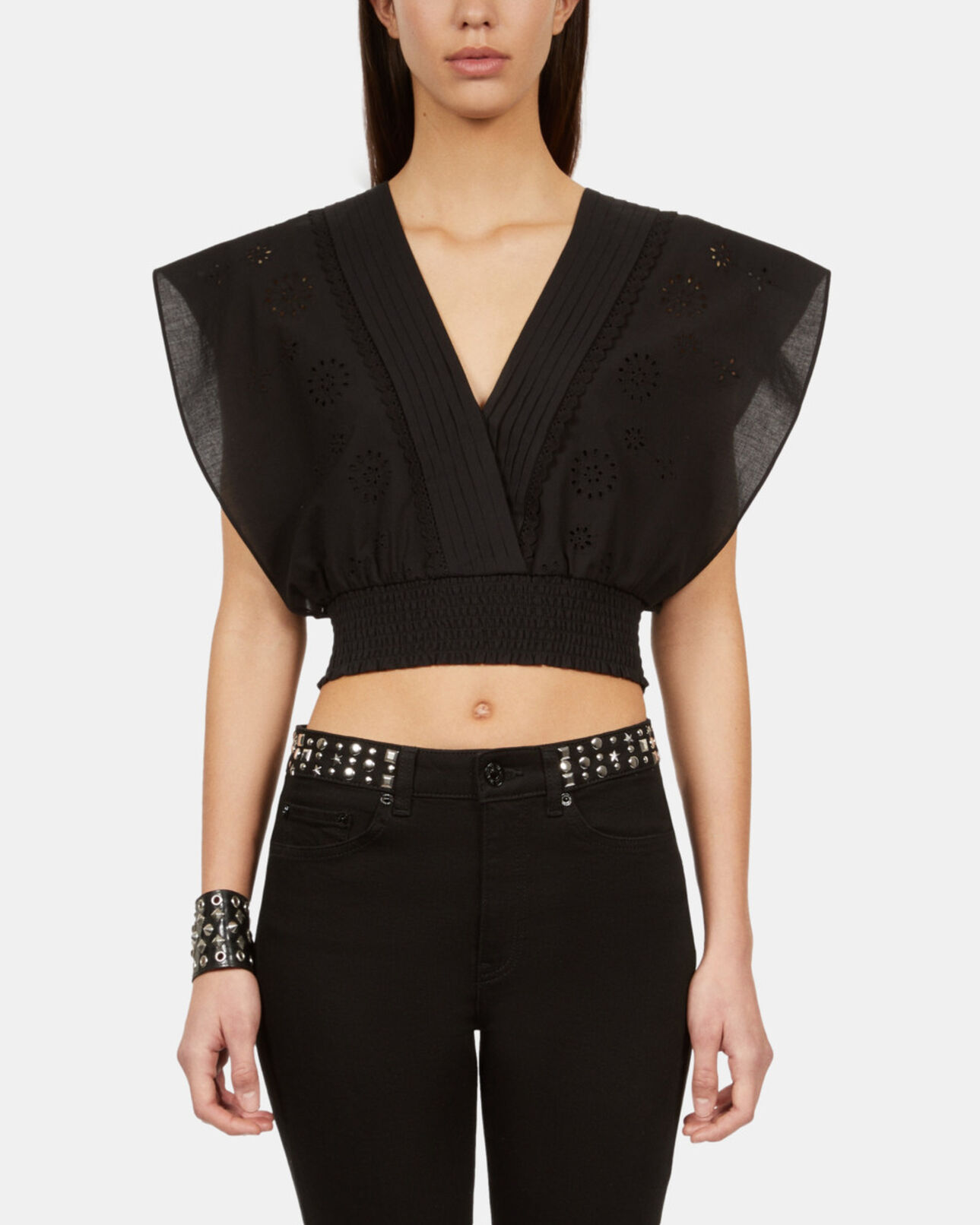 The Kooples WOMEN BLACK black short top in english embroidery