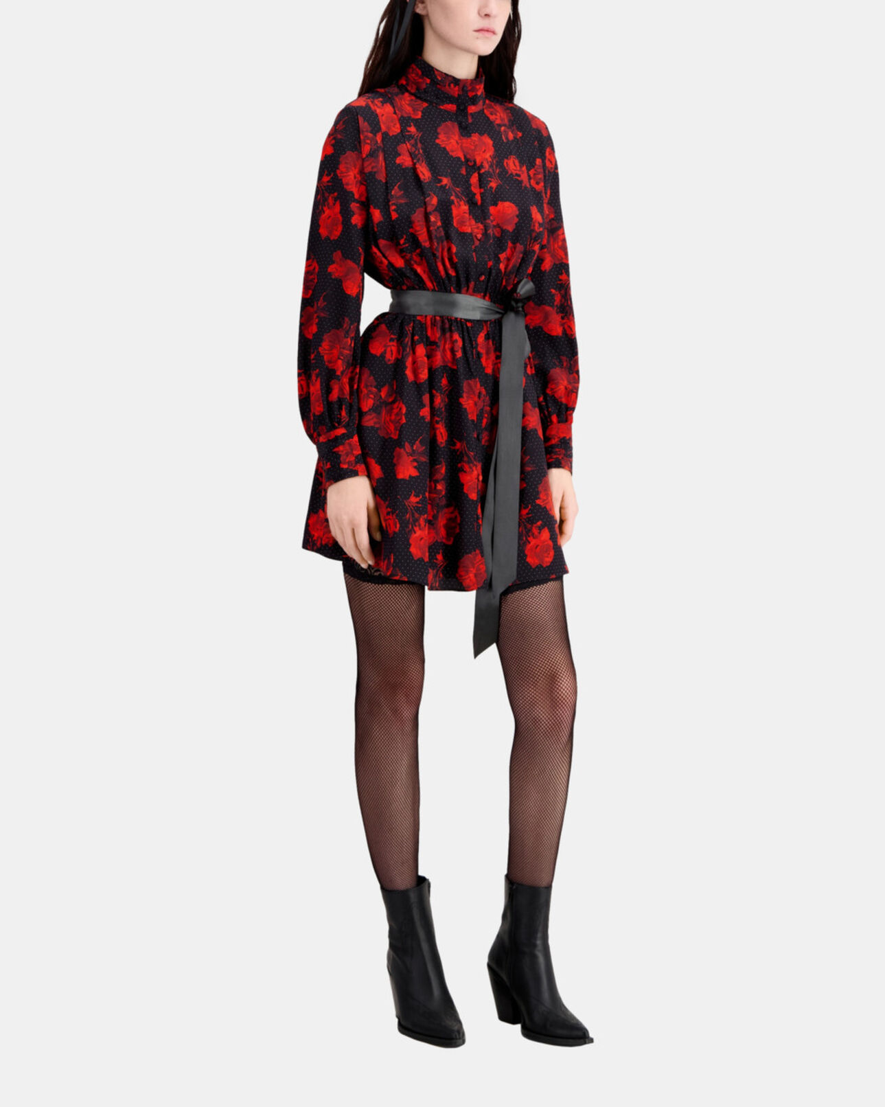 The Kooples FEMME BLACK - RED robe chemise courte imprimée en soie