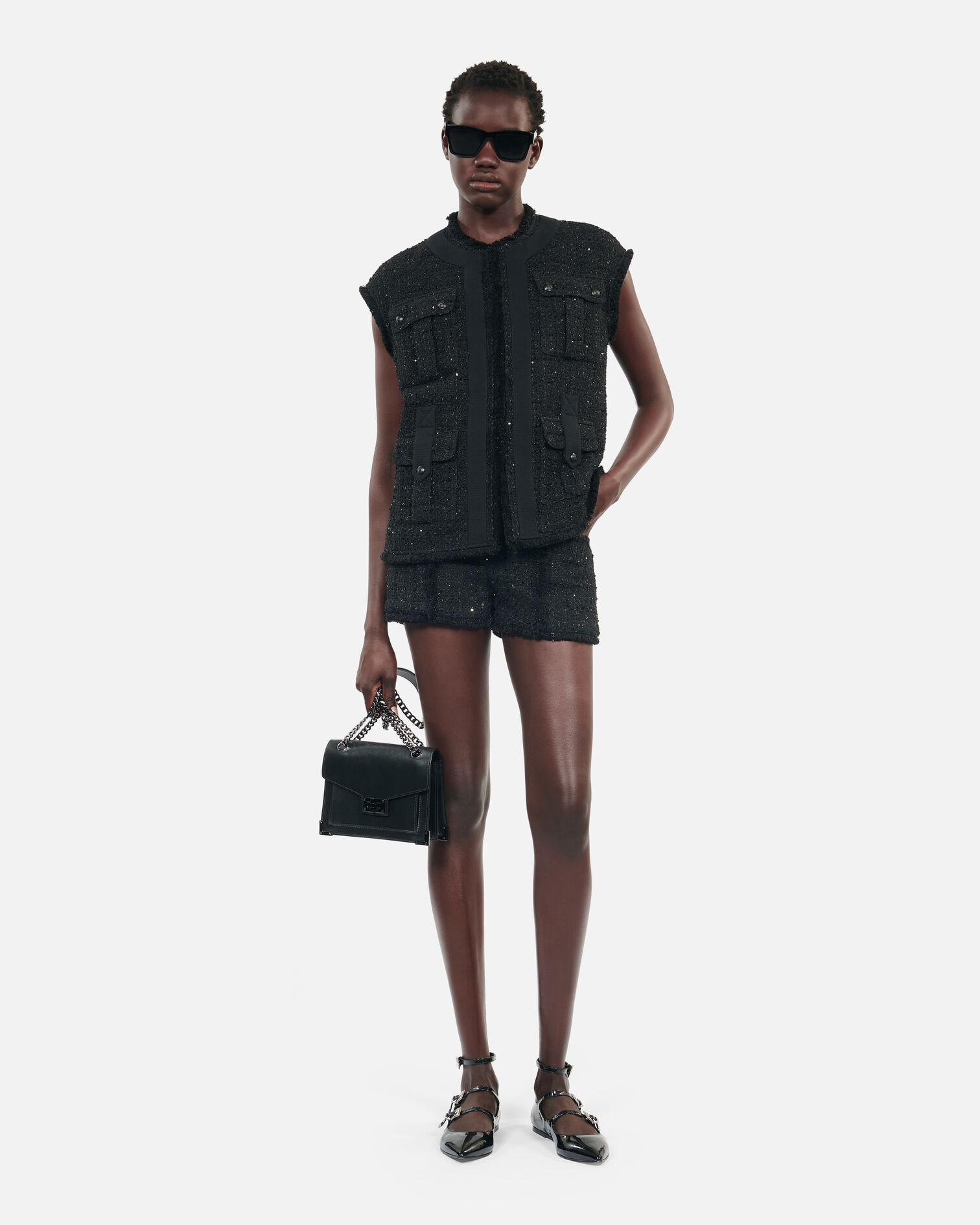 Black tweed sleeveless jacket, BLACK, hi-res image number null