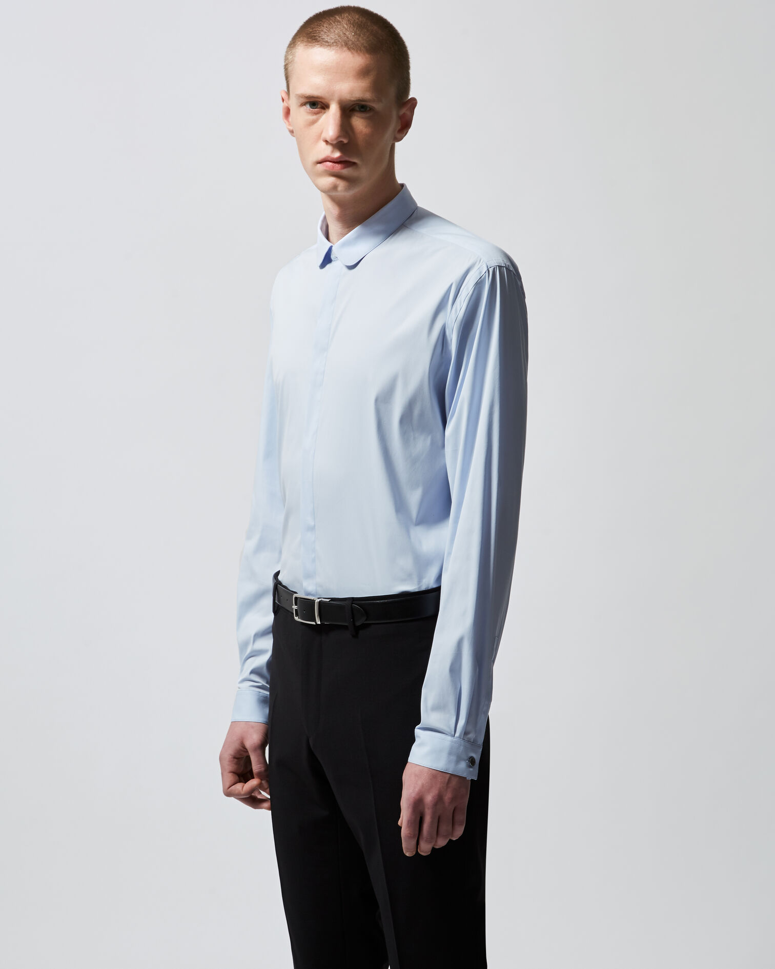 Men’s blue shirt in cotton with round collar, BLUE SKY, hi-res image number null