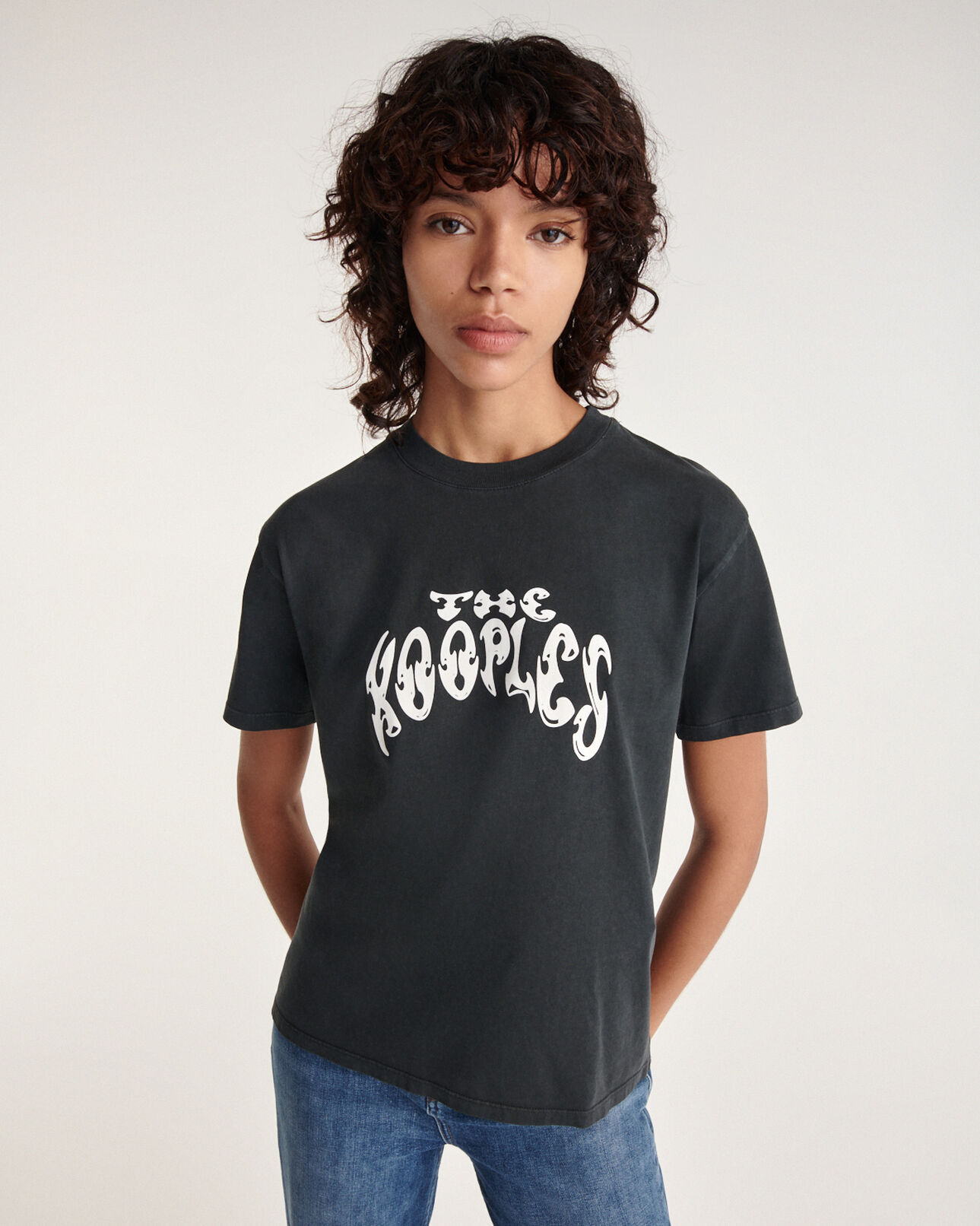 The Kooples FEMME BLACK WASHED t-shirt noir coton logo rock the kooples