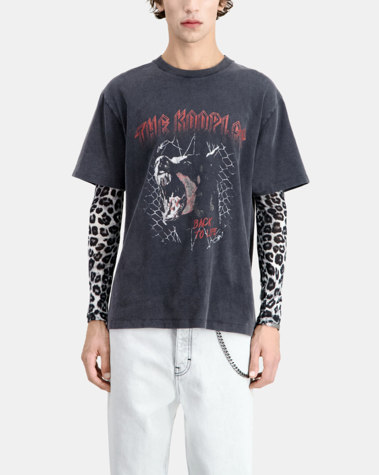 The Kooples MEN BLACK WASHED men's black t-shirt with barking dog serigraphy