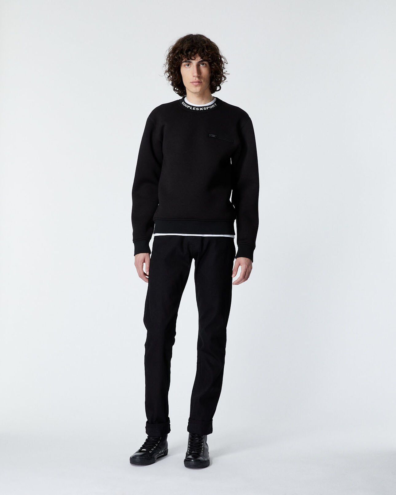 The Kooples MEN BLACK neoprene black crew-neck sweatshirt/neck logo