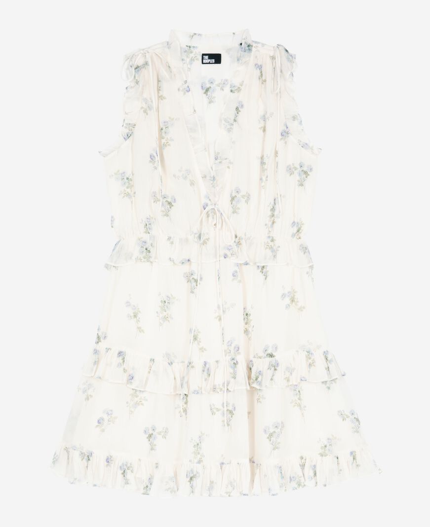 The Kooples F WHITE / SKY BLUE white floral print short dress with ruffles