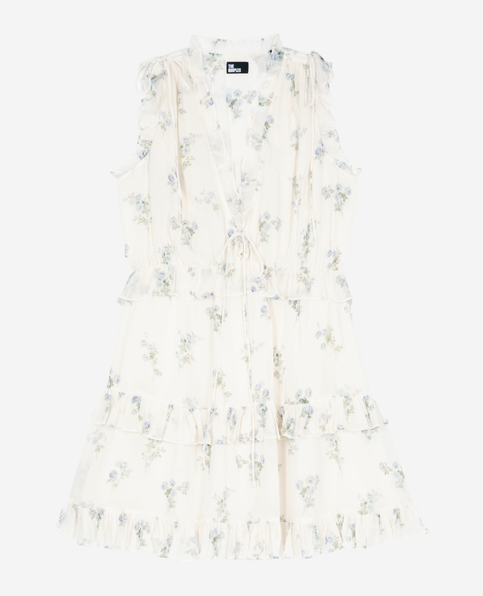 White floral print short dress with ruffles, WHITE / SKY BLUE, hi-res image number null